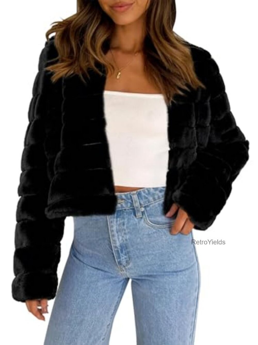 Faux Fur Cropped Jacket Long Sleeve Fluffy Winter Coat